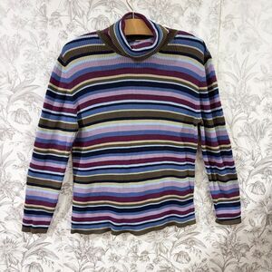 VTG Cherokee Sweater Sz XL Purple Brown Striped Turtleneck Ribbed Cotton 00s 90s